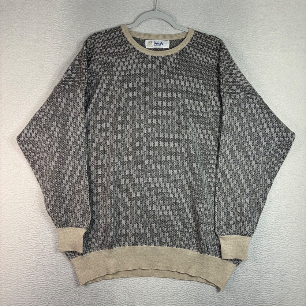 Vintage Pringle of Scotland Lambswool Sweater Men XL Tan Gray Preppy Geometric